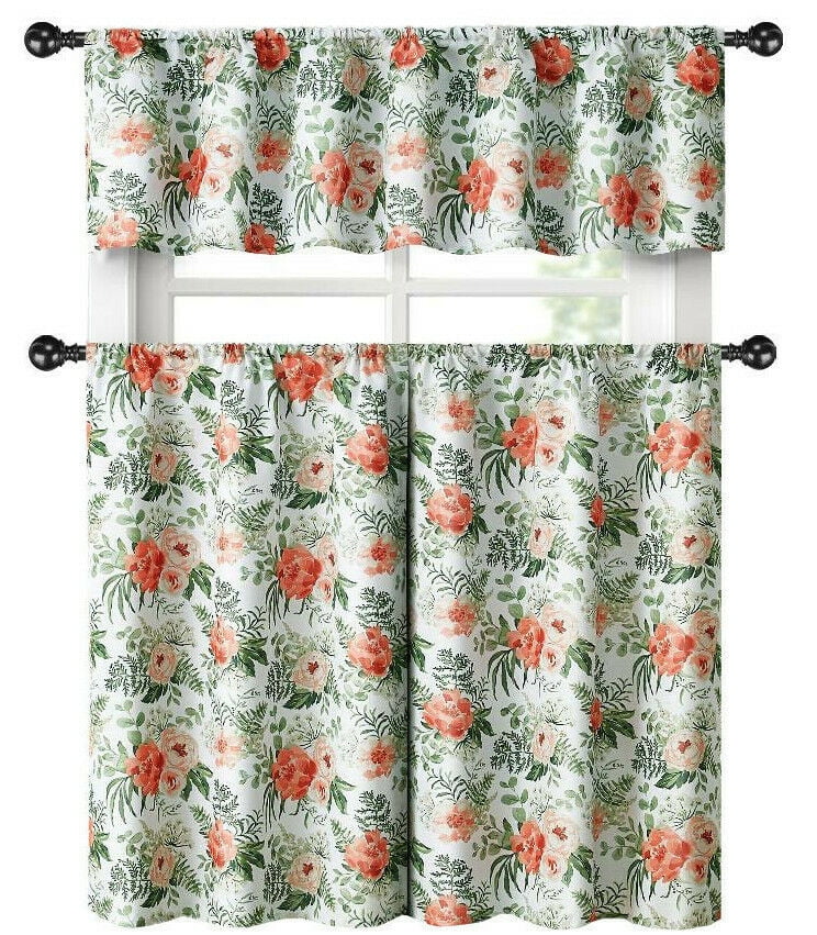 English Floral Rose Garden Complete 3 Pc Café Kitchen Curtain Tier & Valance Set