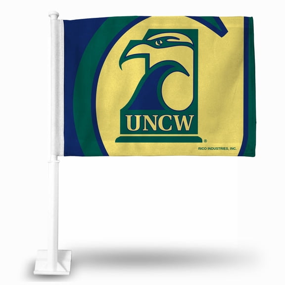 Rico Industries College N.Carolina-Wilmington Sea Standard Double Sided Car Flag - 16" x 19" - Strong Pole that Hooks Onto Car/Truck/Automobile