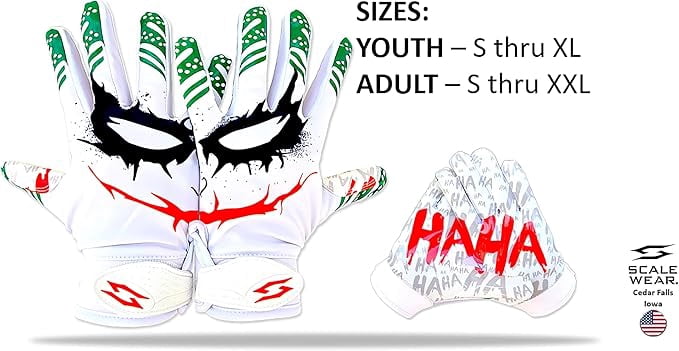 Joker Jester Football Receiver Gloves - Pro Grip Sticky Palms Elite Football Gloves Youth Adult Men Kids Boys Small Medium Large XL XXL Tacky White Jester (Youth - Medium)