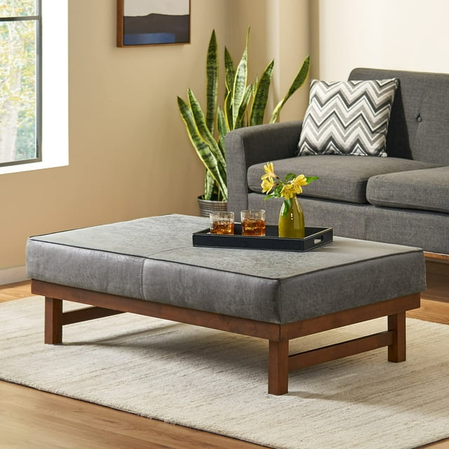 Noble House Large Square Faux Leather Ottoman Coffee Table with Plush Cushion Top,Upholstered Design,Grey