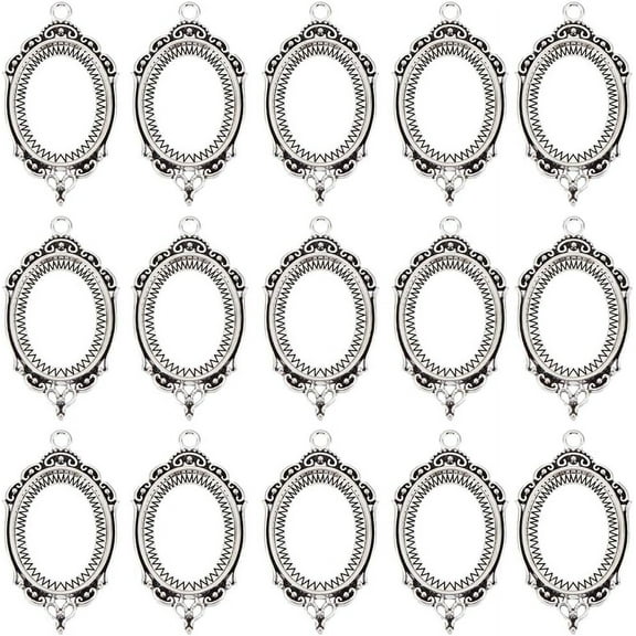 1 Box 30Pcs Photo Charms Picture Frame Charms Silver Alloy Mental Oval Bezels Cabochon Blanks Settings Memorial Charm