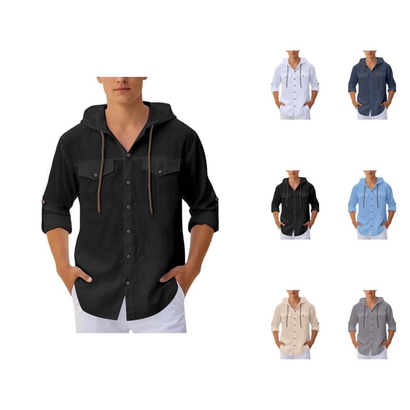 Cotton Linen Shirts for Men Summer Casual Long Sleeve Button Down Relaxed Fit Lightweight Hooded Beach Shirt Jacket
