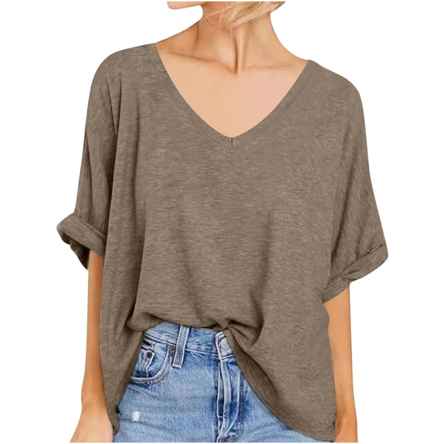 Plebaso Hauts Surdimensionnés pour Femmes T-Shirts Col Carré et Col en V Manches Courtes Tee Blouse Décontractée Ample