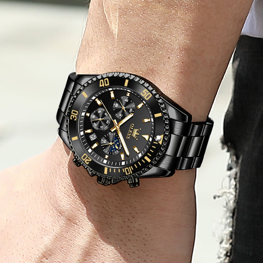 OLEVS Watches for Men Luxury Analog Quartz Chronograph Business Dress Gold Plated Stainless Steel Moon Phase Waterproof Luminous Date Casual Mens Wrist Watches Reloj Para Hombre