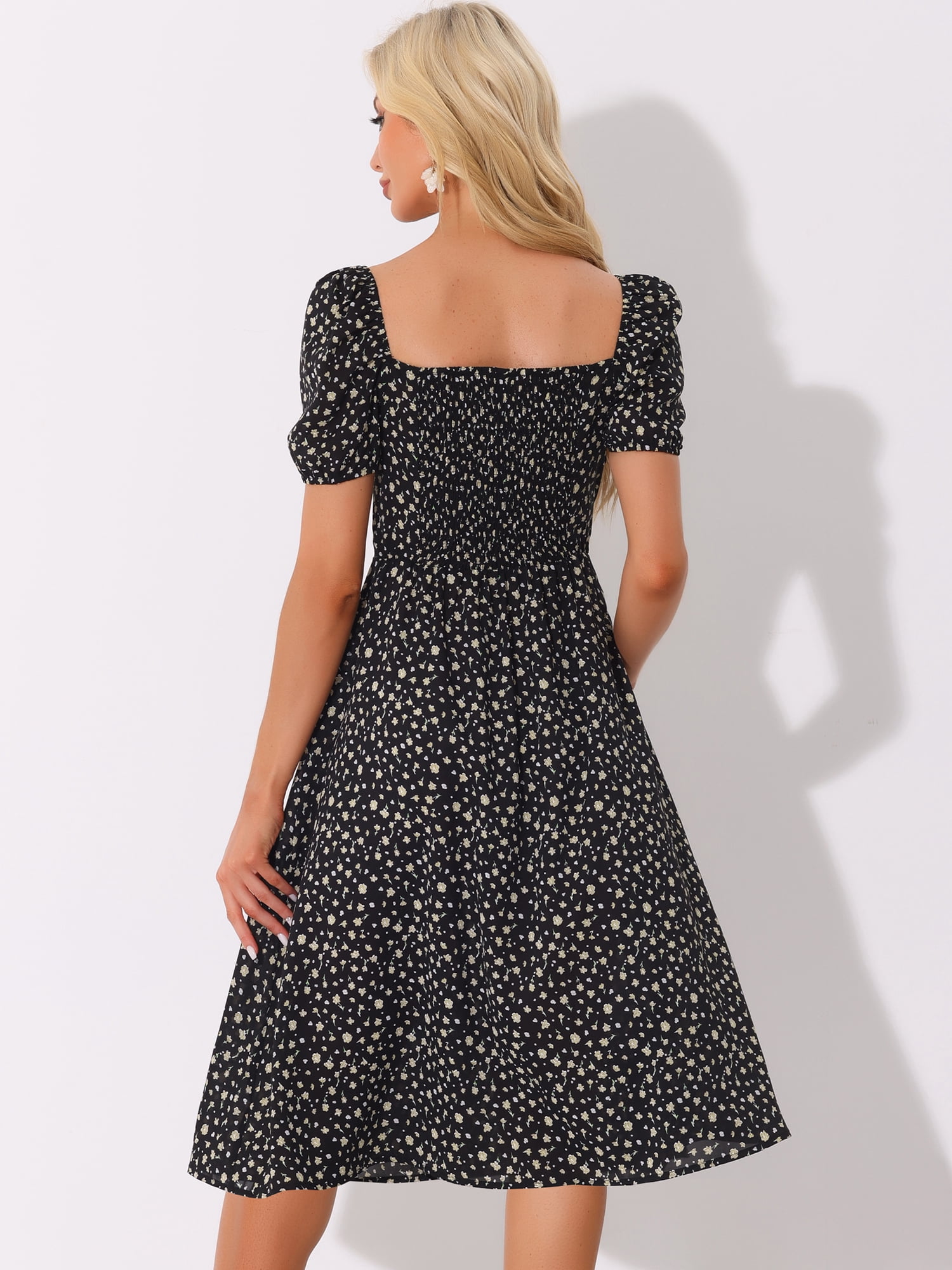 DARING DIVA Floral Puff Sleeve Smocked Square Neck Midi Dress M Black