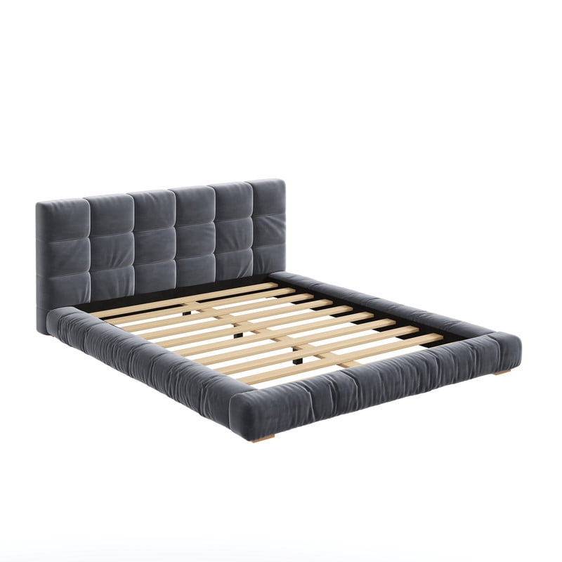 Velvet Queen/King Size Platform Bed Frame, Upholstered Floor Bed, Fully Wrapped Grounded Bed with Channel Tufted Headboard