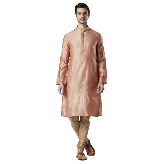 Ethnix Men's Indian Embroidered Banded Collar Festive Kurta Tunic Pajama Set; Peach; SM