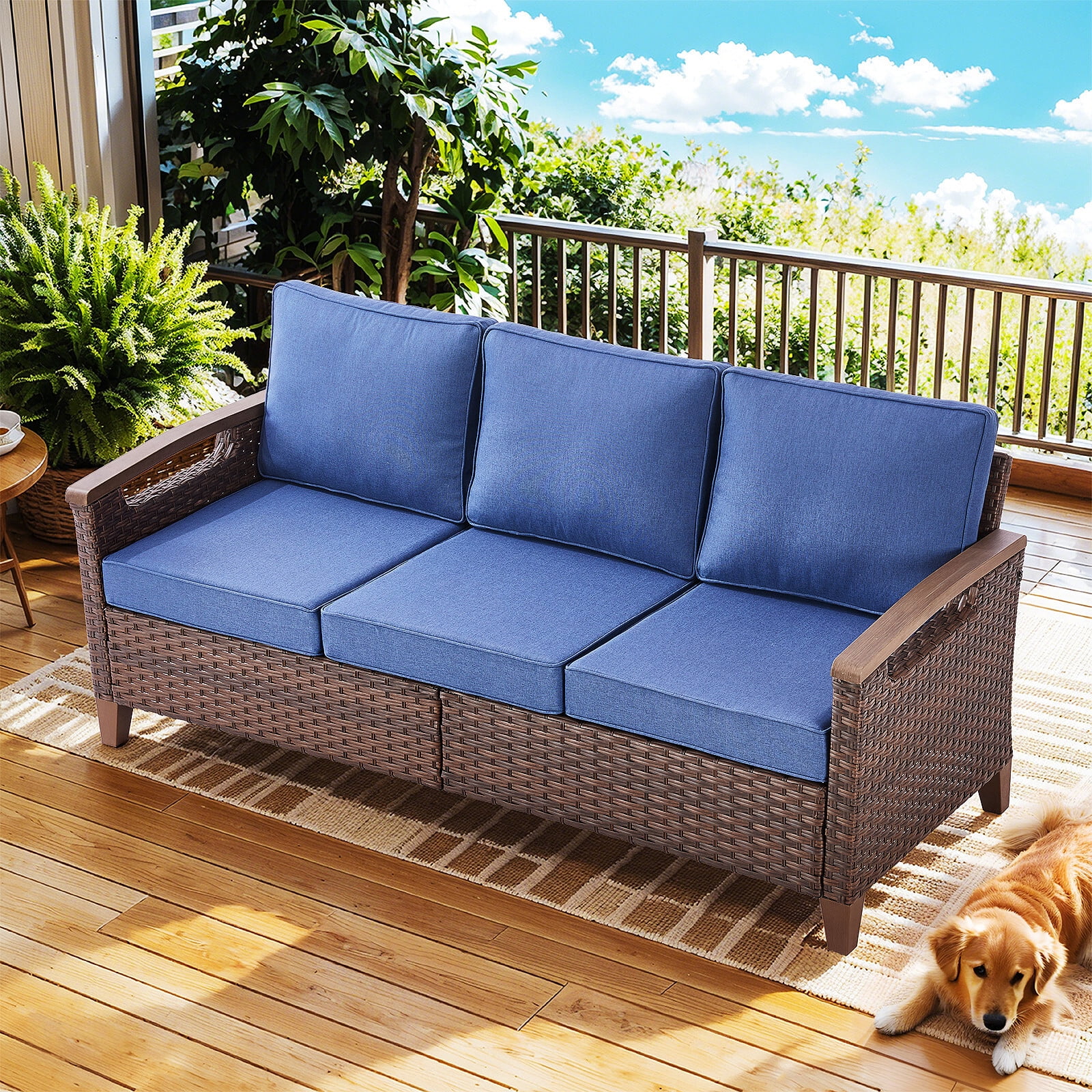 Bellefurn Wicker Patio Sofa Outdoor Couch,Patio 3 Seater Sofa Outdoor Rattan Furniture Sofa with Non-Slip Thick Cushions for Outdoor,Garden,Lawn,Backyard