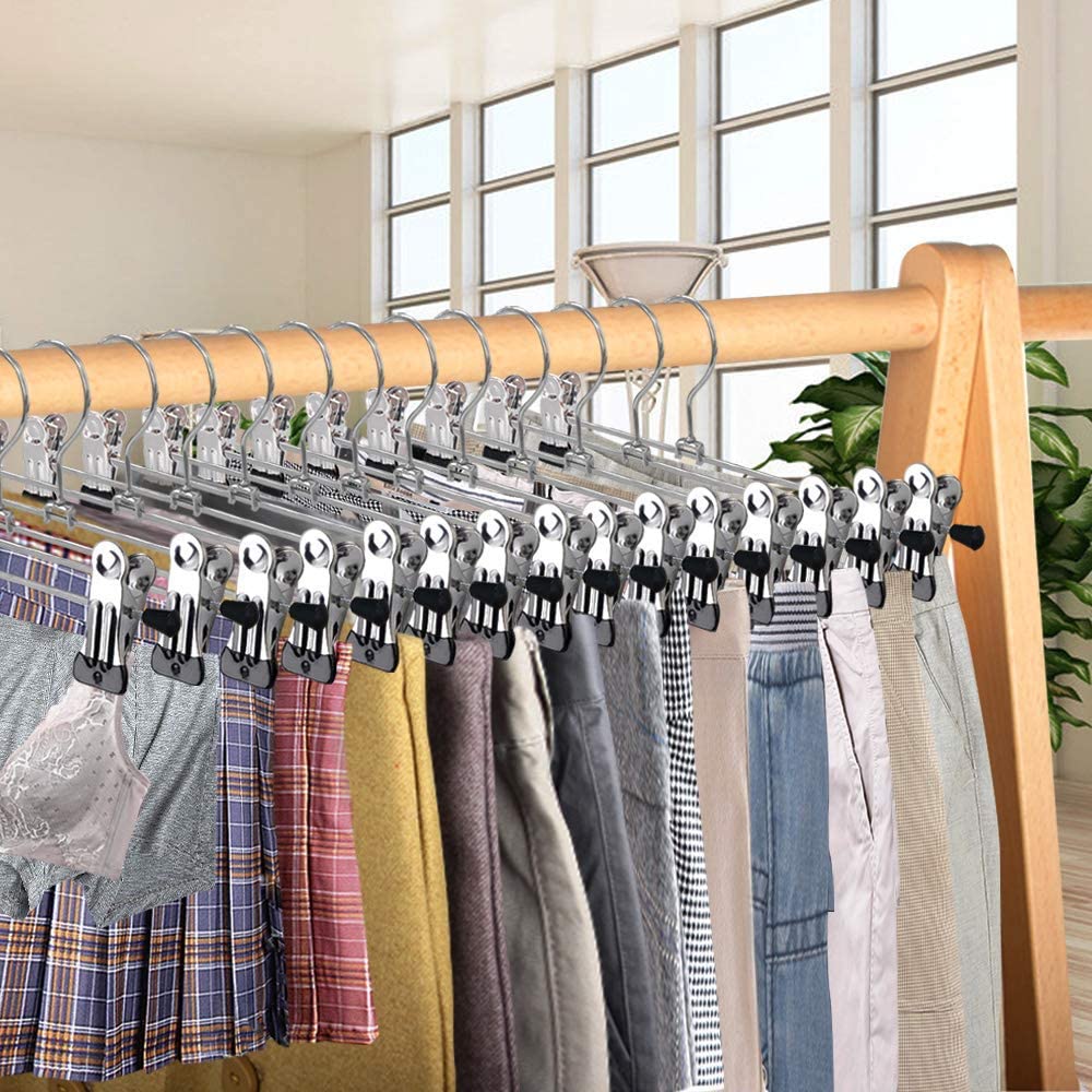 Pants Hangers with Clips, Heavy Duty , Adjustable Metal Pants Hanger, Skirt Hangers for Women Space Saving Hangers for Jeans Closet Organizers and Storage