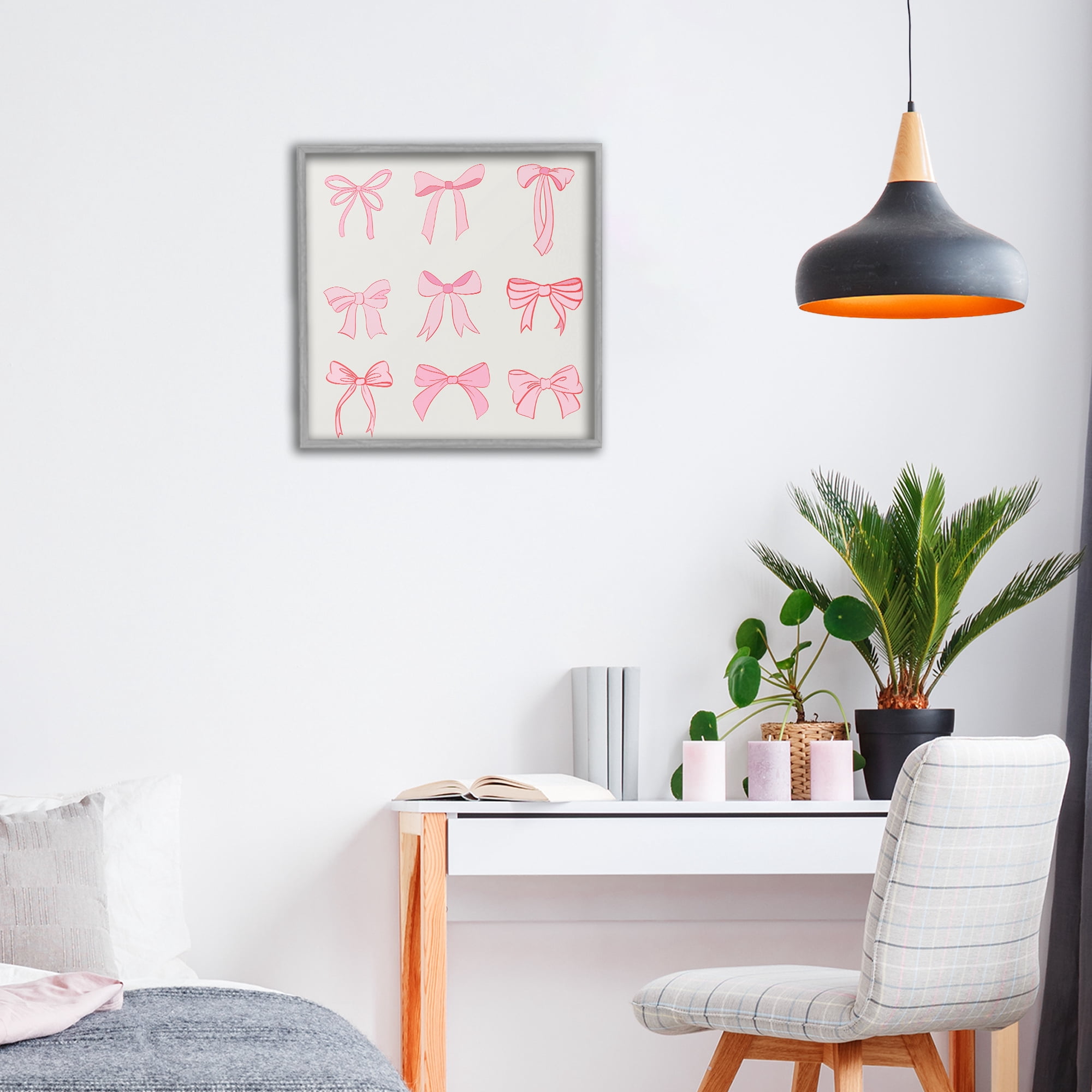 Stupell Industries Pink Coquette Ribbons Gray Framed Giclee Art, design by Emily Navas
