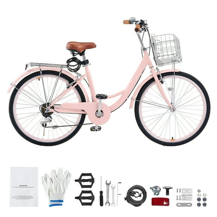 KFFKFF 26" Cruiser Bike, 7-Speed,Rose-Tinted Beach Riding Bike with Spacious Basket and Back Holder, Reliable & Robust Leisure Bike with Modifiable Seat