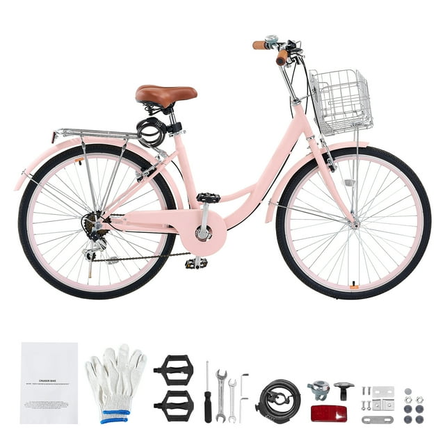 KFFKFF Cruiser Bike, 7-Speed, 26-Inch Pink Beach Cruiser Bike featuring a high-carbon steel frame, ergonomic adjustable leather seat, and wide handlebars for comfort. Includes a detachable front basket with a waterproof liner and a sturdy rear rack for cargo. Equipped with front and rear V-brakes, 26-inch tires, and a 7-speed gear system for smooth transitions across various terrains. Accessories include a bike bell, combination lock, gloves, and installation tools.