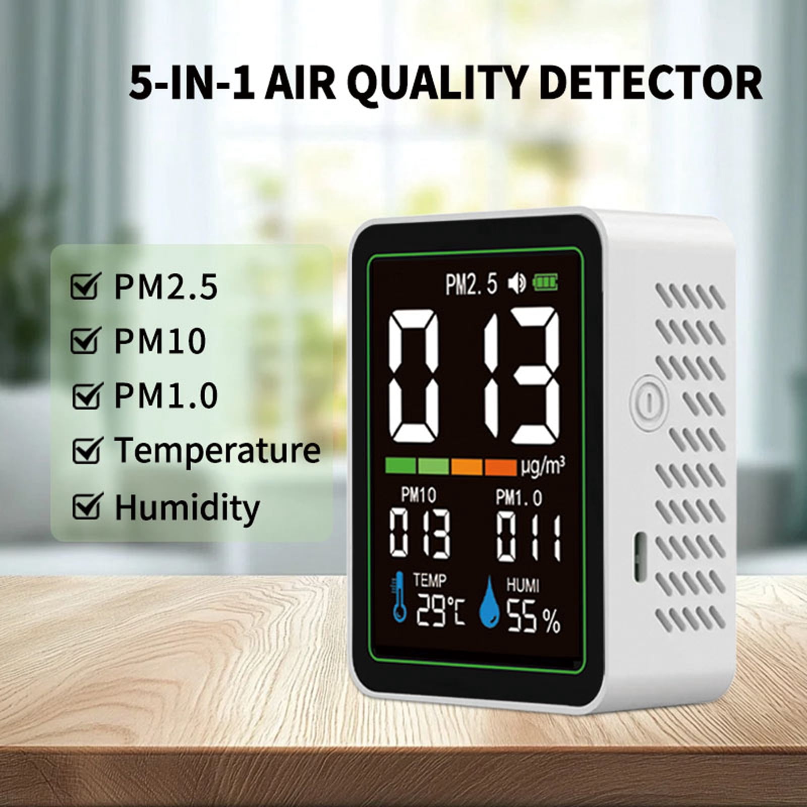 5-in-1 Indoor Air Quality Monitor with LCD Color Screen - Real-Time PM1.0 PM2.5 PM10, Temperature & Humidity Sensor, USB-C Rechargeable, Portable Design
