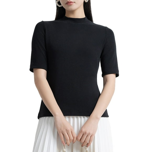 Tiweut Women Casual Tshirts Turtleneck Slim Fit Half Elbow Short 3/4 Sleeve Tights Solid Color Lady Tees Black