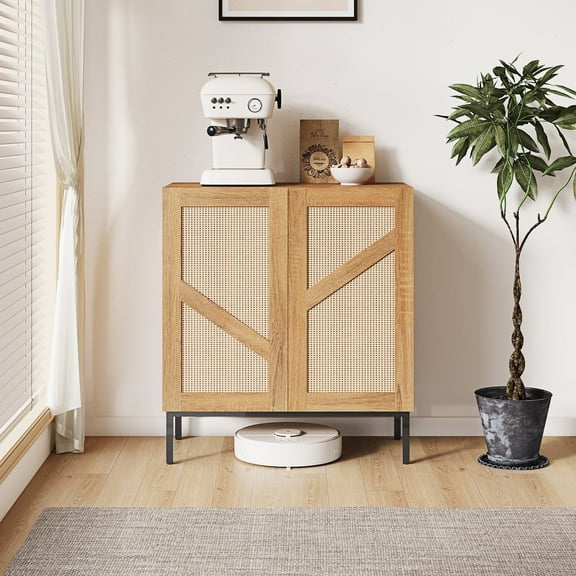 2-Door Buffet Cabinet with Rattan Doors, Kitchen Storage Cabinet with Adjustable Shelves, Corner Door Sideboard Console Table for Coffee Bar, Dining Room, Entryway, Living Room