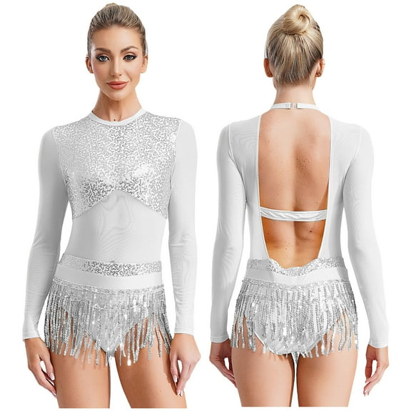 iiniim Women's Sequins Lyrical Latin Dance Dress Mesh Leotard Tassel Ballroom Salsa Party Costume Silver 16