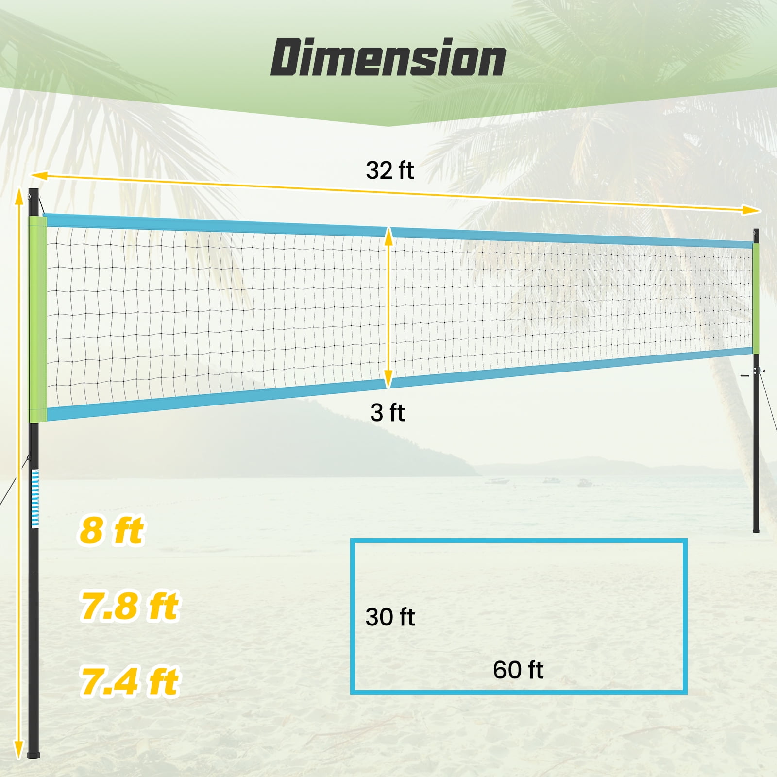 Gymax Portable Outdoor Volleyball Net Set Height Adjustable Poles Anti-Sag Green