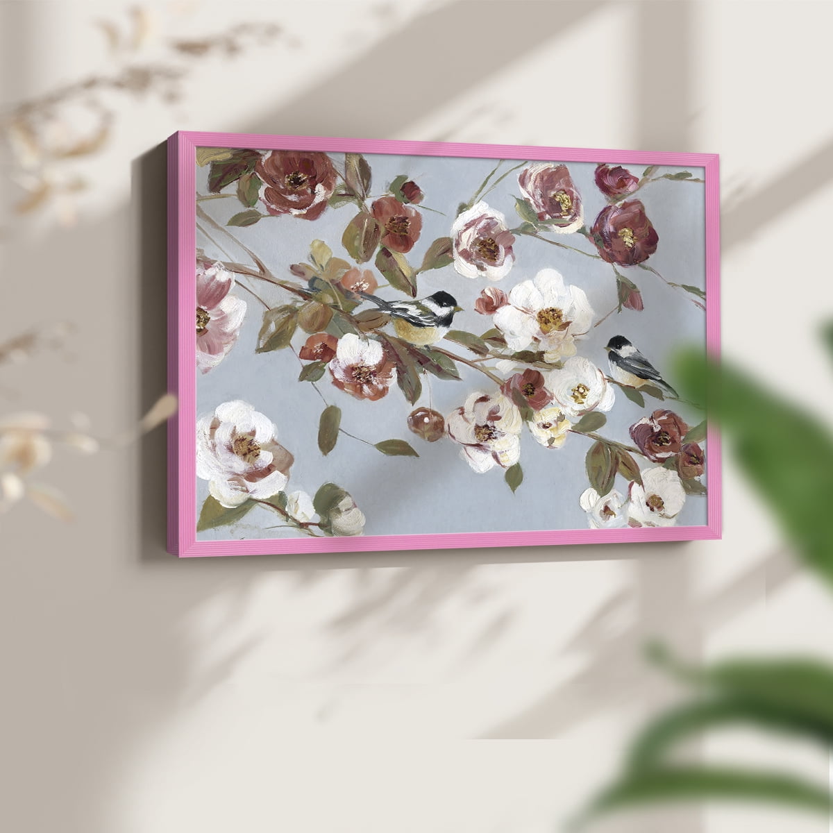 Chickadees and Blossoms II by Sally Swatland - Restickable Framed Giclée Print