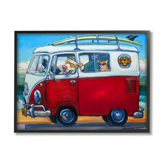 Stupell Industries Pets on Vacation Minibus Animals & Insects Painting Black Framed Art Print Wall Art, 14 x 11