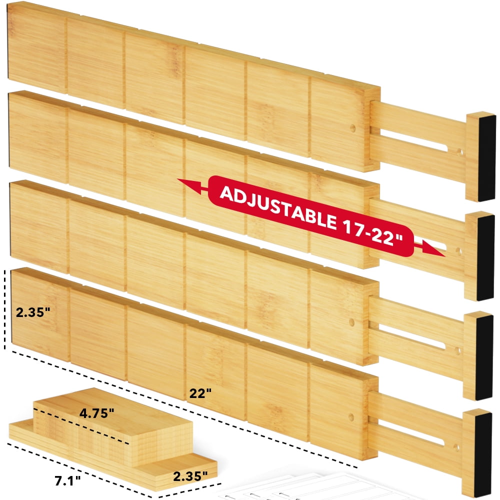 PLUMEBAY Bamboo Drawer Dividers (17–22 in Natural) with Inserts and Labels, Adjustable Expandable Drawer Organizers for Kitchen, Dresser and Office, 4 Dividers