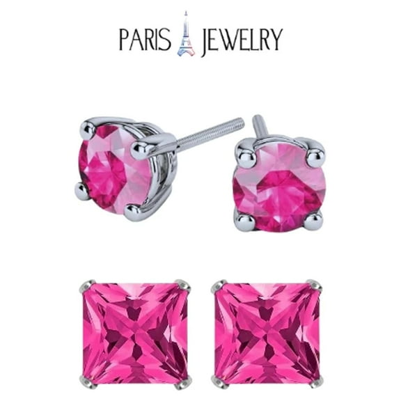 Paris Jewelry 18k White Gold 2 Pair Created Tourmaline 6mm Round & Princess Cut Stud Earrings Plated