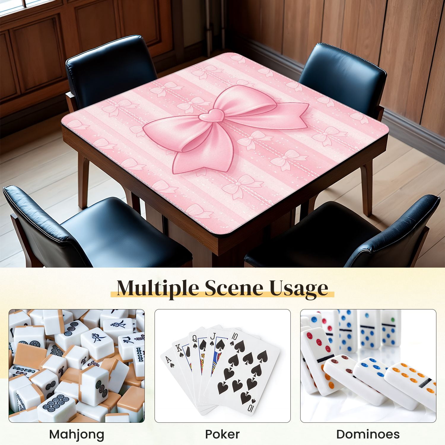 Mahjong Mat 31.5" x 31.5" Pink Heart Shaped Bow Subtle Glitter Stripes Non-Slip Noise Reduction Mahjong Tiles Table Cover for Dominoes Poker Card Board and Tile Games