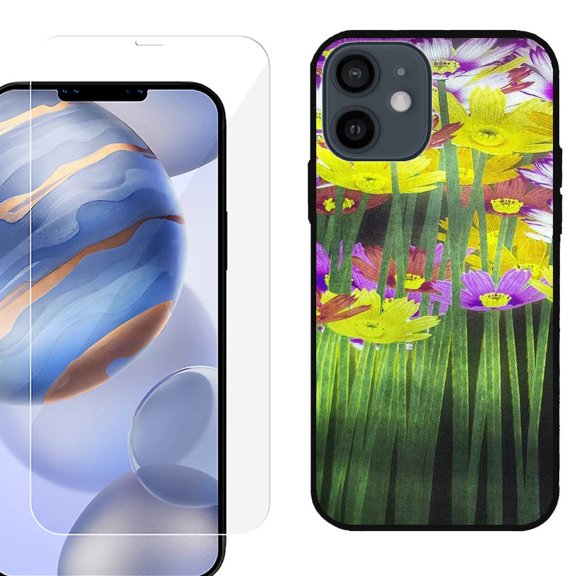 Slim-Fit Protective Phone Case (Black) compatible with iPhone 12 / iPhone 12 Pro, with Tempered Glass Screen Protector, by OneToughShield ® - Dream Flower