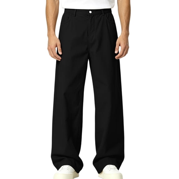 Mens Pants Casual Mid Waist Straight Wide Leg Pants with Pockets Washed Workwear Loose Fit Classic Trousers Daily Streetwear