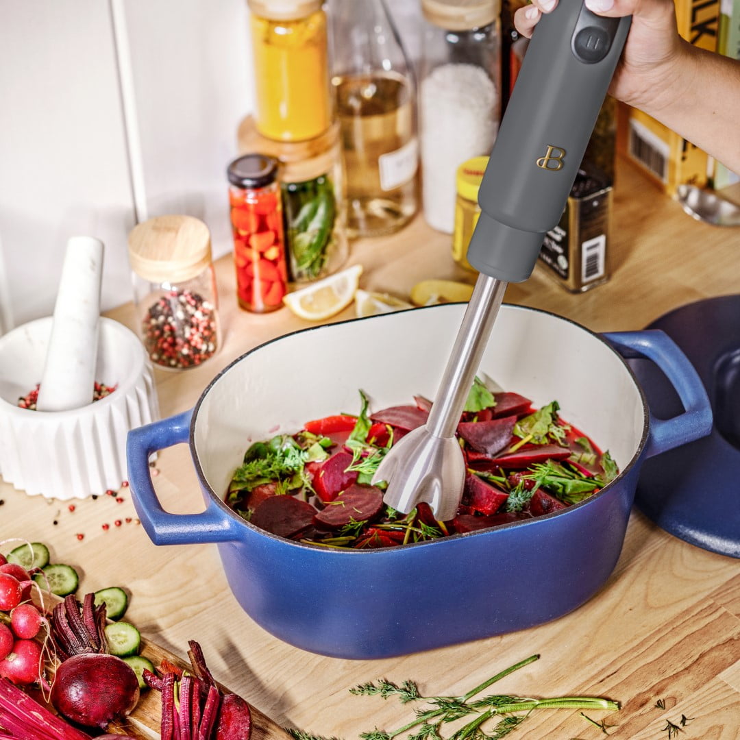 Beautiful 2-Speed Immersion Blender with Chopper & Measuring Cup, Oyster Grey by Drew Barrymore