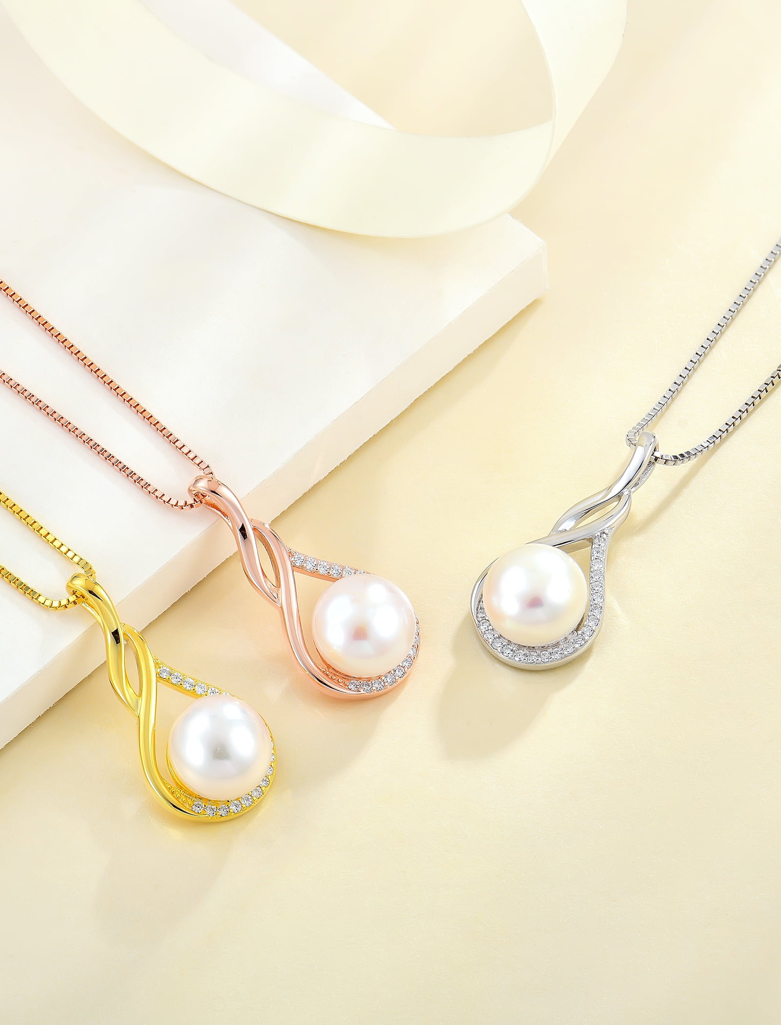 PYNZY Infinity Pearl Necklace for Women, 925 Sterling Silver 18K Rose Gold Plated CZ Pearl Pendant Necklace 9MM Freshwater Cultured Pearl Jewelry Gift