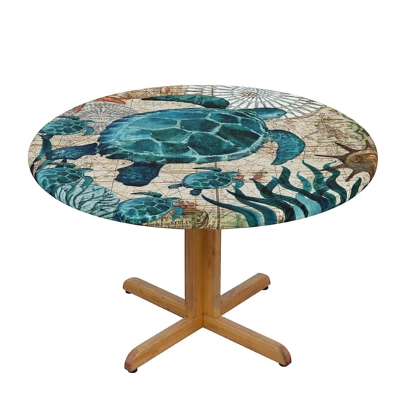 Ocean Turtle Round Fitted Tablecloths , Waterproof Elastic Fitted Table Covers for 45" - 50" Tables，Stretch Washable Picnic Table Cover for Camping, Dining, Indoor and Outdoor