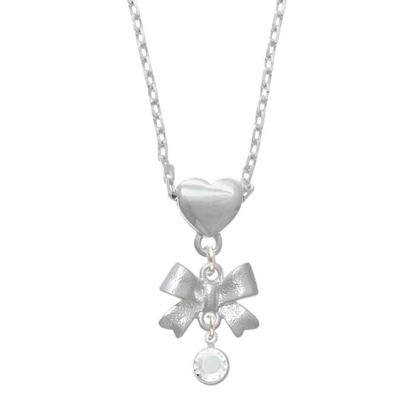 Delight Jewelry Crystal Clear Channel Drop Silver tone Bow Heart Necklace