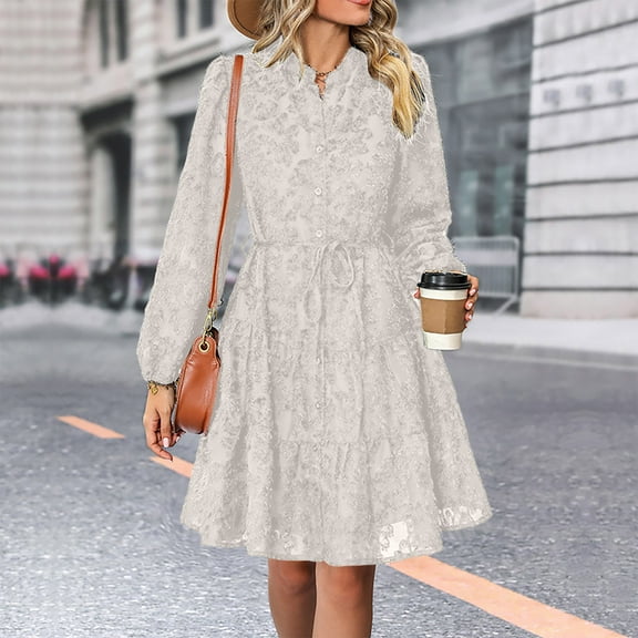 Qulqfy Fall Dresses for Women 2025 Wedding Guest Long Sleeve Beige Mini A Line Lace Tiered Dresses Dresses for Women L