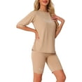 thumbnail image 4 of INSPIRE CHIC Women's 2 Piece Outfits Letter Printed Workout Short Sleeve T-Shirt Bodycon Shorts Lounge Sets M Khaki, 4 of 6
