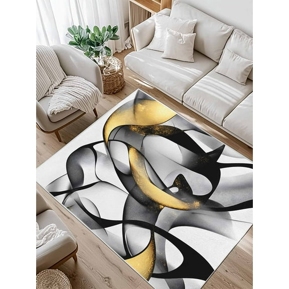 Black and Gold Line Area Rug for Bedroom 2.7x5 Ft Abstract Art Modern Geometric Super Soft fuzzy Throw Rug Non-Slip Fluffy Plush Indoor Floor Carpet for Living Room Nursery Home Decor