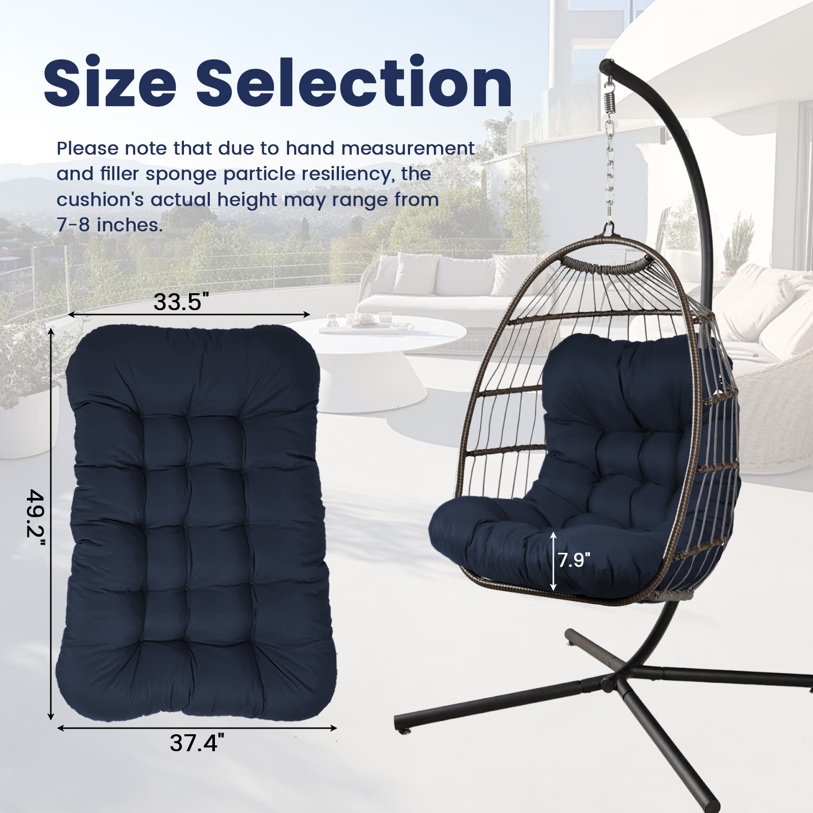 Egg Chair Cushion Replacement, Waterproof Hanging Basket Seat Cushion, U-Shape Swing Chair Cuhsion 37x49 Inches for Indoor Outdoor Patio Porch Furniture (Only Cushion)