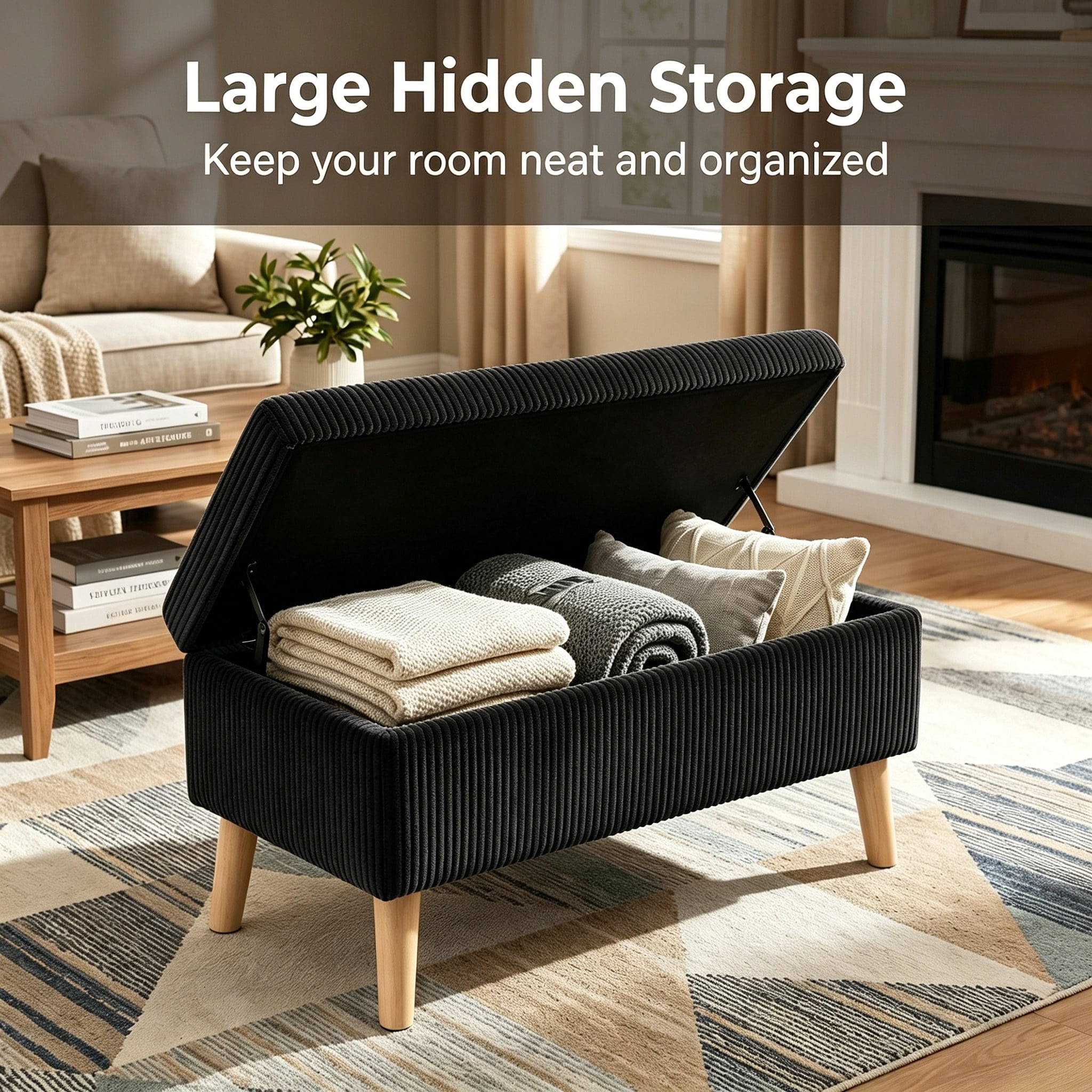 32 inch Wide Olive Black Corduroy Storage Ottoman Bench with Wooden Legs, Flip-Top Storage Box, Soft Upholstered End of Bed Bench, Footrest & Shoe Bench for Bedroom, Living Room, Entryway