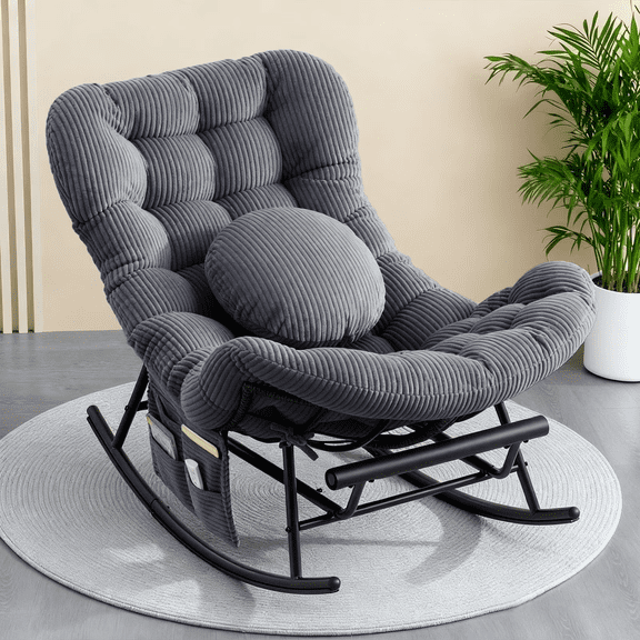 MOONMISS Rocking Chair with Thick Cushion and Footrest,Large Wicker Patio Rocker,Sturdy Steel Frame Lounge for Indoor/Outdoor