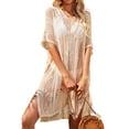 thumbnail image 4 of One opening Women Crochet Bikini Cover Ups Plus Size 3/4 Sleeve V-Neck Hollow Out Slit Netted Dress for Beach Pool Swimwear Bathing Suit, 4 of 9
