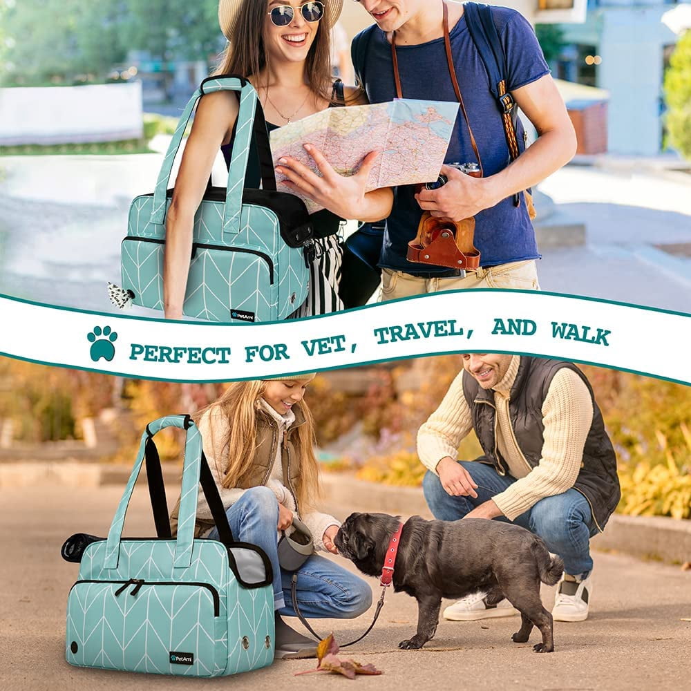 Small Dog Purse , Soft-Sided Travel Bag with Pockets, Airline Approved Breathable Mesh, Poop Bag Dispenser,  Teal