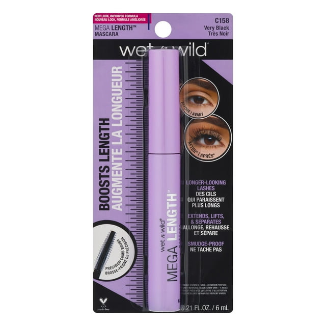 Máscara de pestañas Wet n Wild Mega Length, muy negra, 0.21 onzas