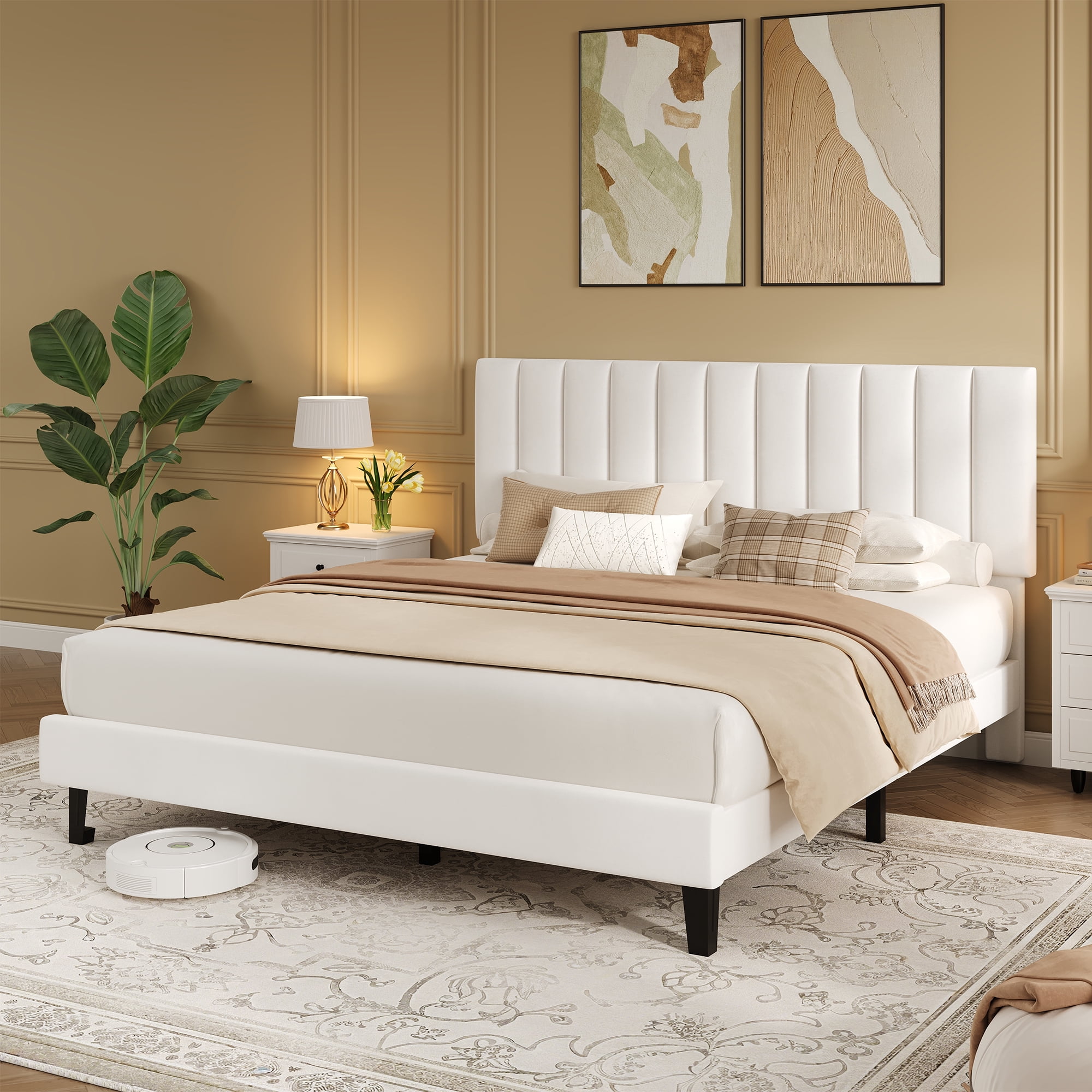 Queen Bed Frame with Adjustable Headboard, Velvet Upholstered Platform Bed Frame Queen Size, Strong Wooden Slats, No Box Spring Needed, Easy Assembly, White