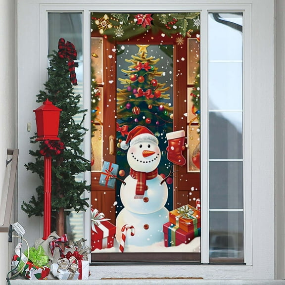 Buffalo Plaid Christmas Door Cover - Santa & Snowflakes Design,Merry Christmas Front Door Decor for Holiday Party,Indoor/Outdoor Use,Waterproof Festive Holiday Decorations,80x36in‌