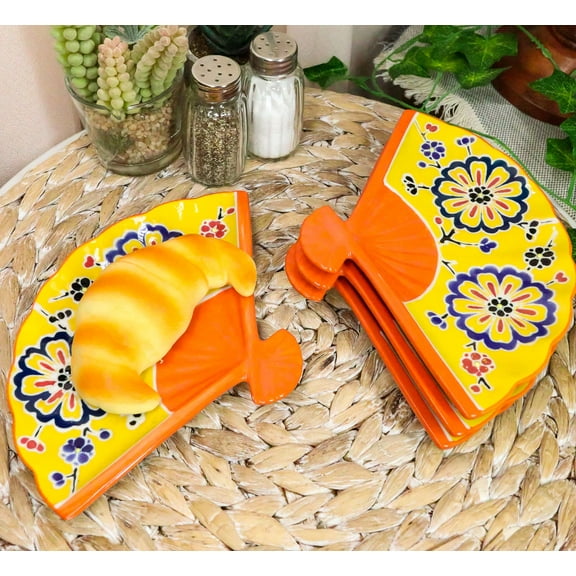 Ebros Set Of 4 Yellow Summer Flower Blooms Oriental Fan Shaped Sushi Plates