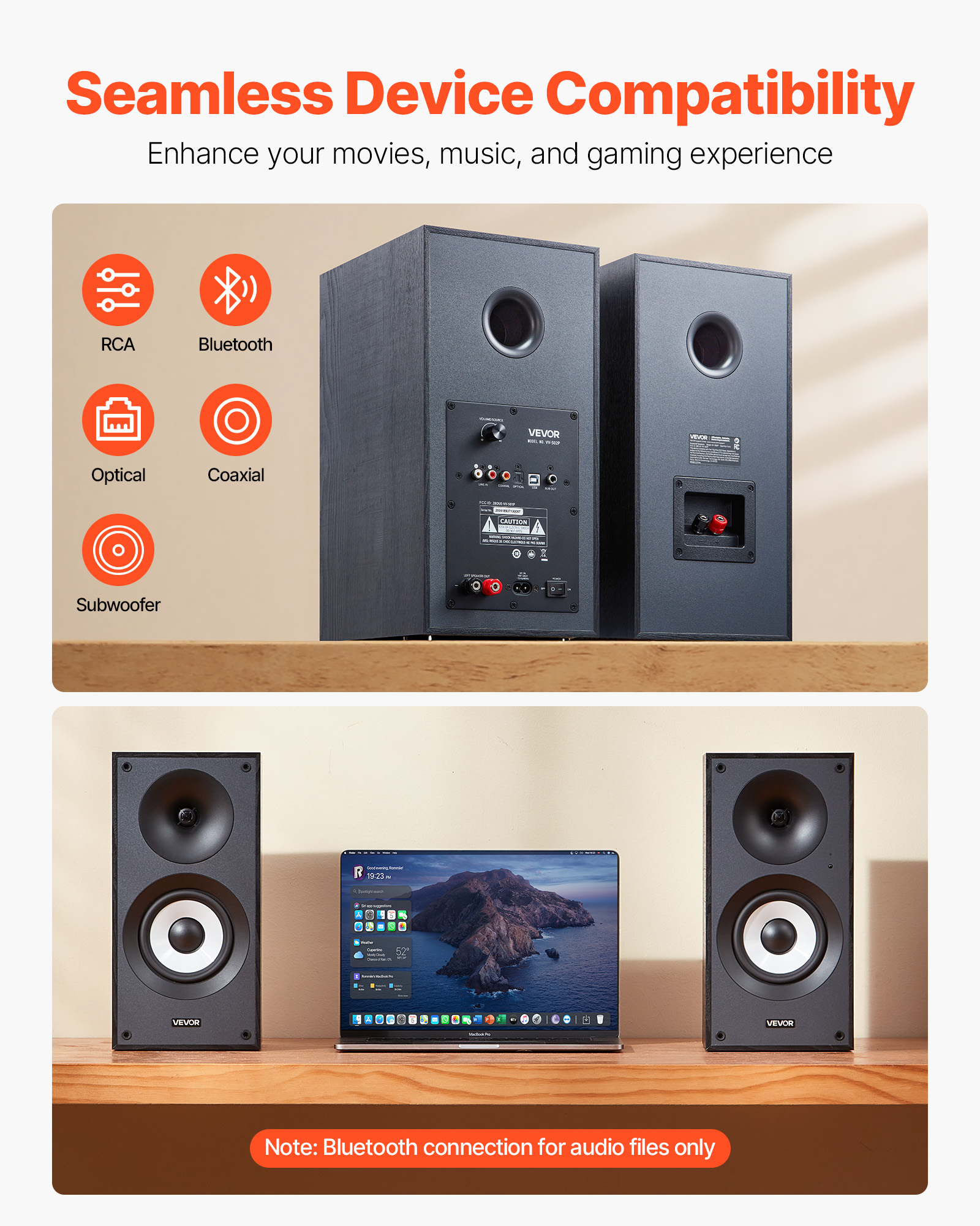 VEVOR Powered Bookshelf Speakers, 25W x 2,Active Studio Monitor Speaker with 5.5 Inch Woofer,Bluetooth/RCA/Coaxial/Optical/USB/Subwoofer Connection,Wooden Enclosure,for Record Player Turntable PC