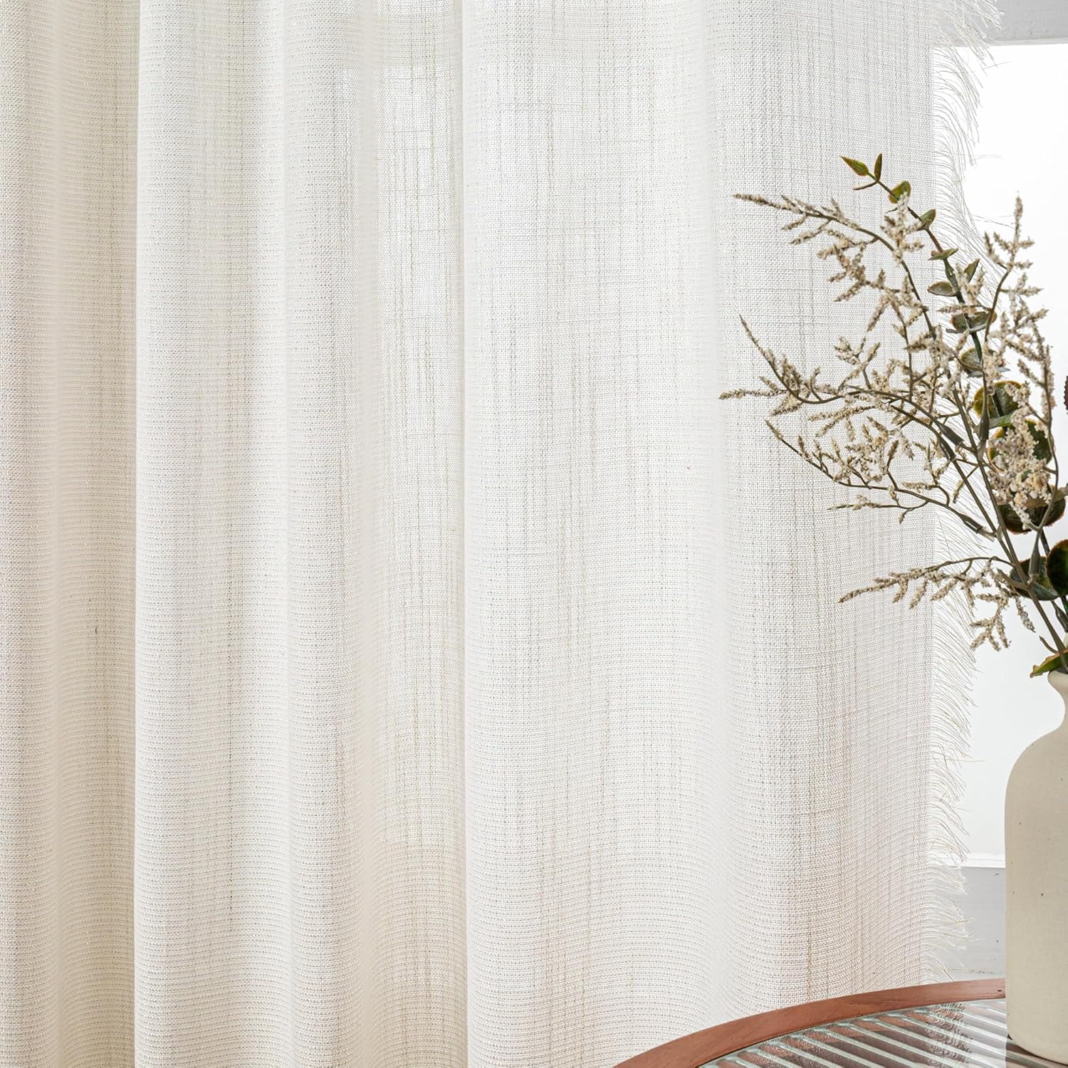 Wehilion Linen Curtains for Living Room, Natural Semi Sheer Curtains & Drapes 84 inches Length 2 Panels Set Farmhouse Country Boho Style Back Tab Draperies for Sliding Glass Door