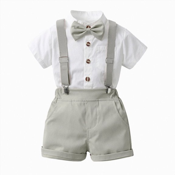 Baby Boy Outfits Toddler Boy Clothes formal with Bowtie Overall Short Pants Gentle Wedding Set Trendy Summer Clothes Grey 12-18 Months
