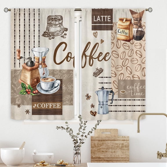 Coffee Kitchen Curtains 27.5Wx39H Inch Rod Pocket Rustic Vintage Cafe Beans Retro Quotes Latte Coffee Machine Art Printed Farmhouse Living Room Bedroom Window Drapes Treatment Fabric 2 Panels