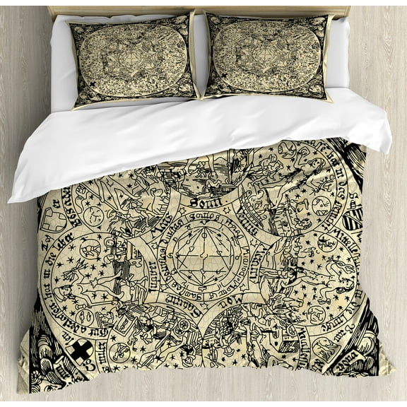 Astrology Duvet Cover Set, Series of Mystic Esoteric Old Map with Man with Vintages, Decorative 3 Piece Bedding Set with 2 Pillow Shams, Calking Size, Ecru Black, by Ambesonne