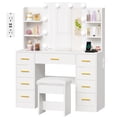 thumbnail image 7 of BEWISHOME White Vanity Desk with Mirror Lights and Stool, Power Outlet, Glass Tabletop, 9 Drawers, 3-Mode LED, 7 of 7